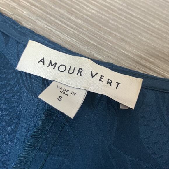 Amour vert amaranta silk long sleeve blouse teal embossed patterned sz S - Picture 6 of 6